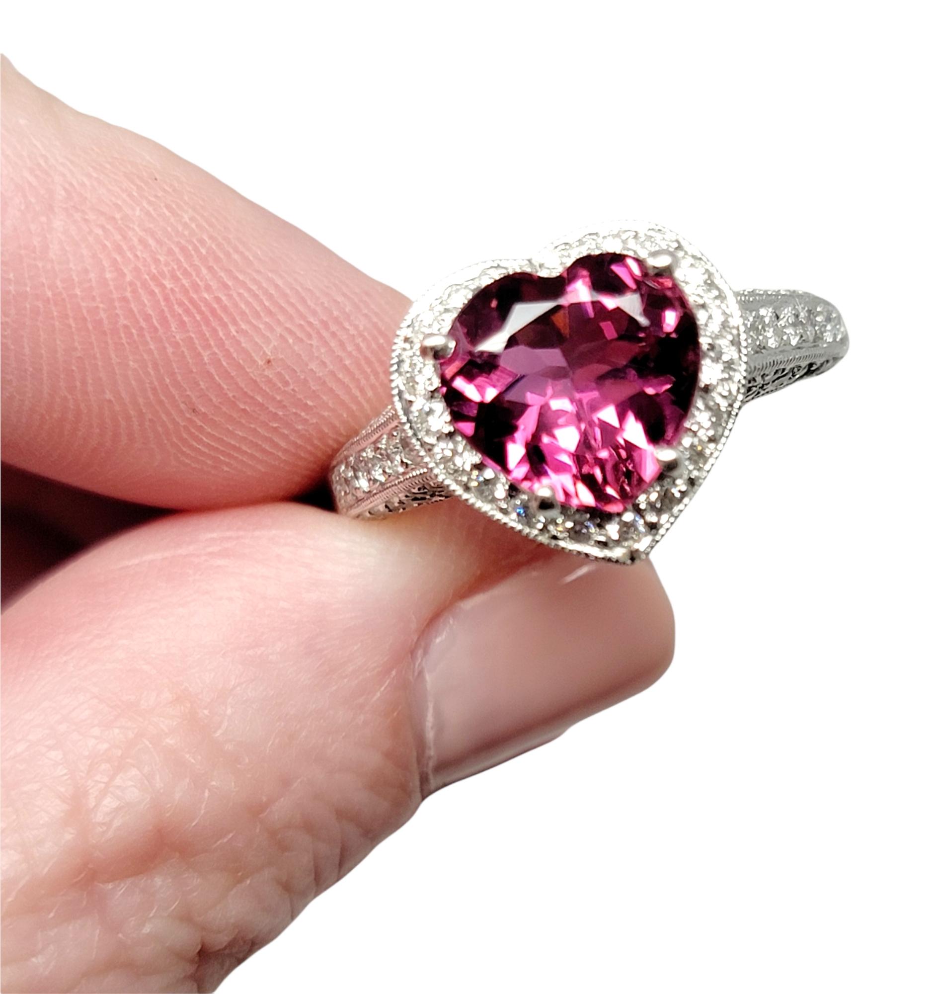 Heart Cut Pink Tourmaline and Diamond Halo Band Ring in 18 Karat White Gold For Sale 3