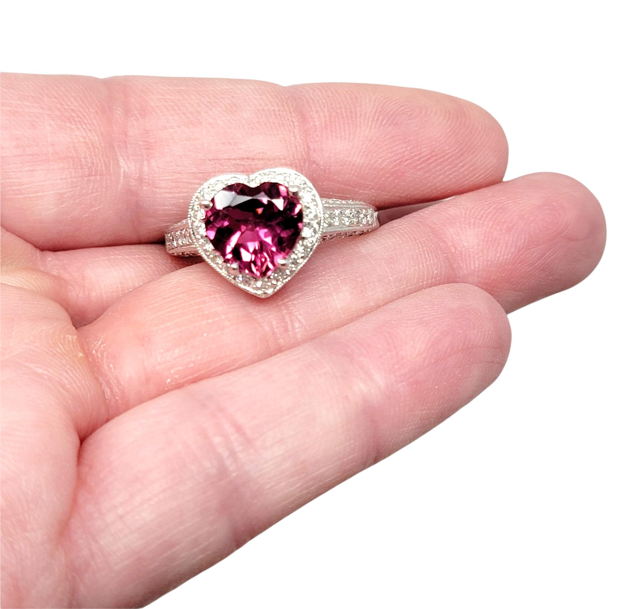 Heart Cut Pink Tourmaline and Diamond Halo Band Ring in 18 Karat White Gold For Sale 4