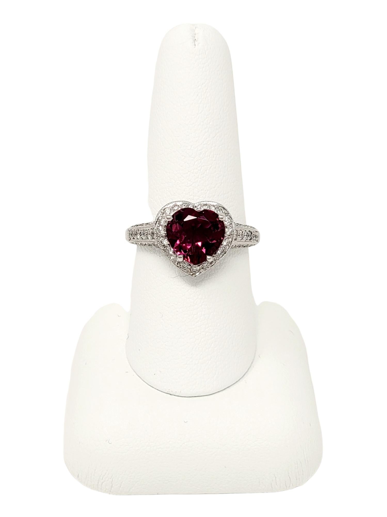 Heart Cut Pink Tourmaline and Diamond Halo Band Ring in 18 Karat White Gold For Sale 5