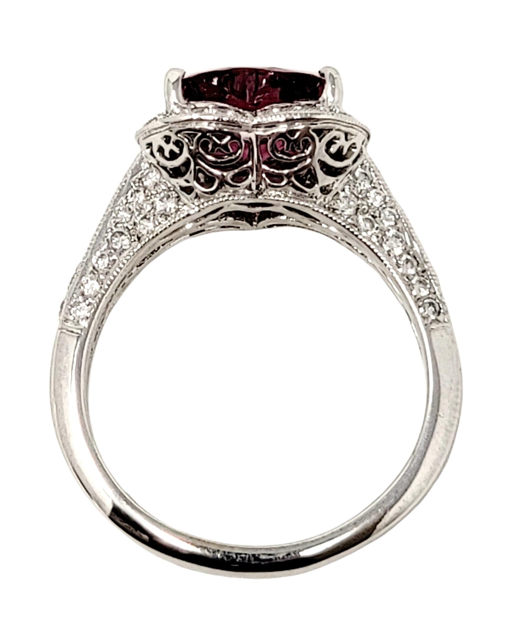 Contemporary Heart Cut Pink Tourmaline and Diamond Halo Band Ring in 18 Karat White Gold For Sale