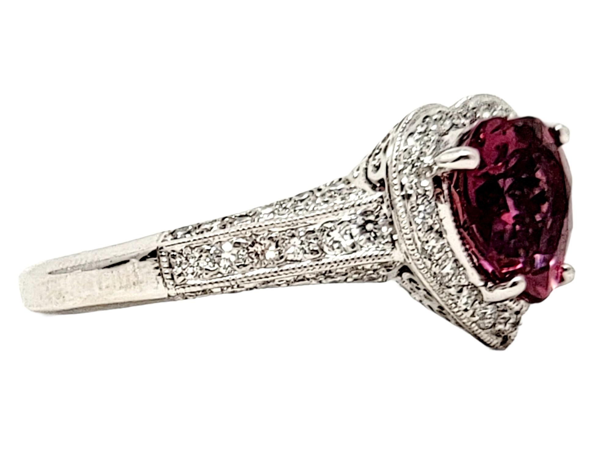 Women's Heart Cut Pink Tourmaline and Diamond Halo Band Ring in 18 Karat White Gold For Sale