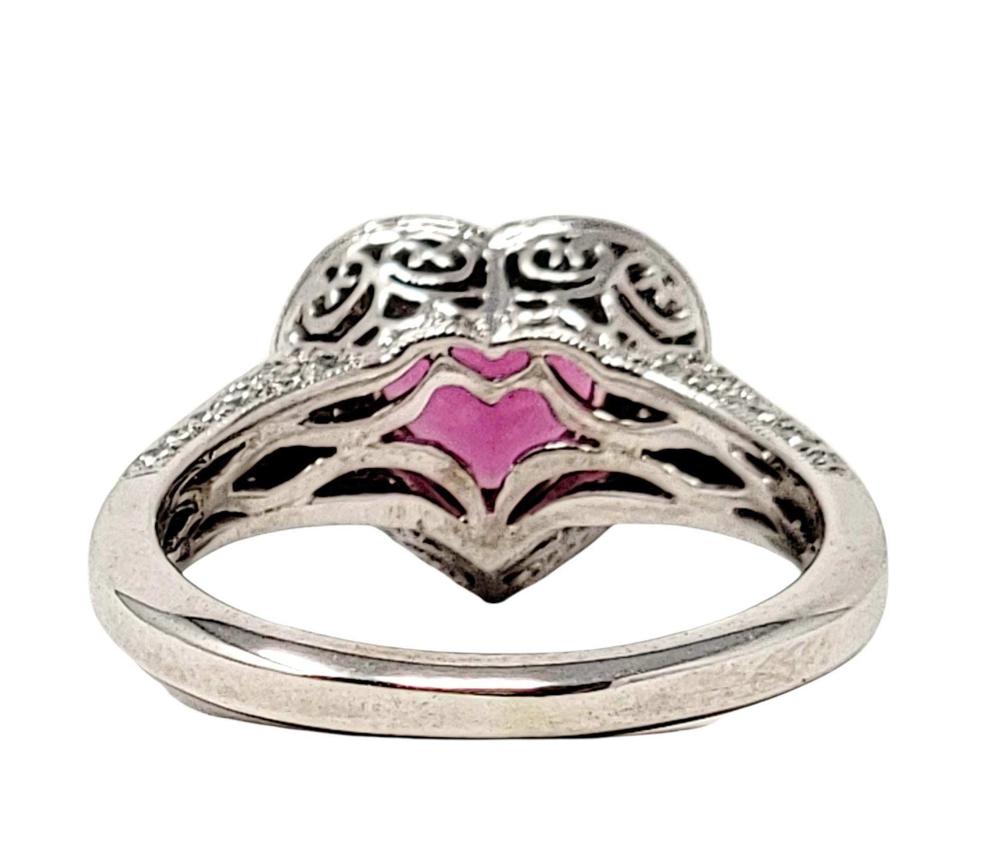 Heart Cut Pink Tourmaline and Diamond Halo Band Ring in 18 Karat White Gold For Sale 1