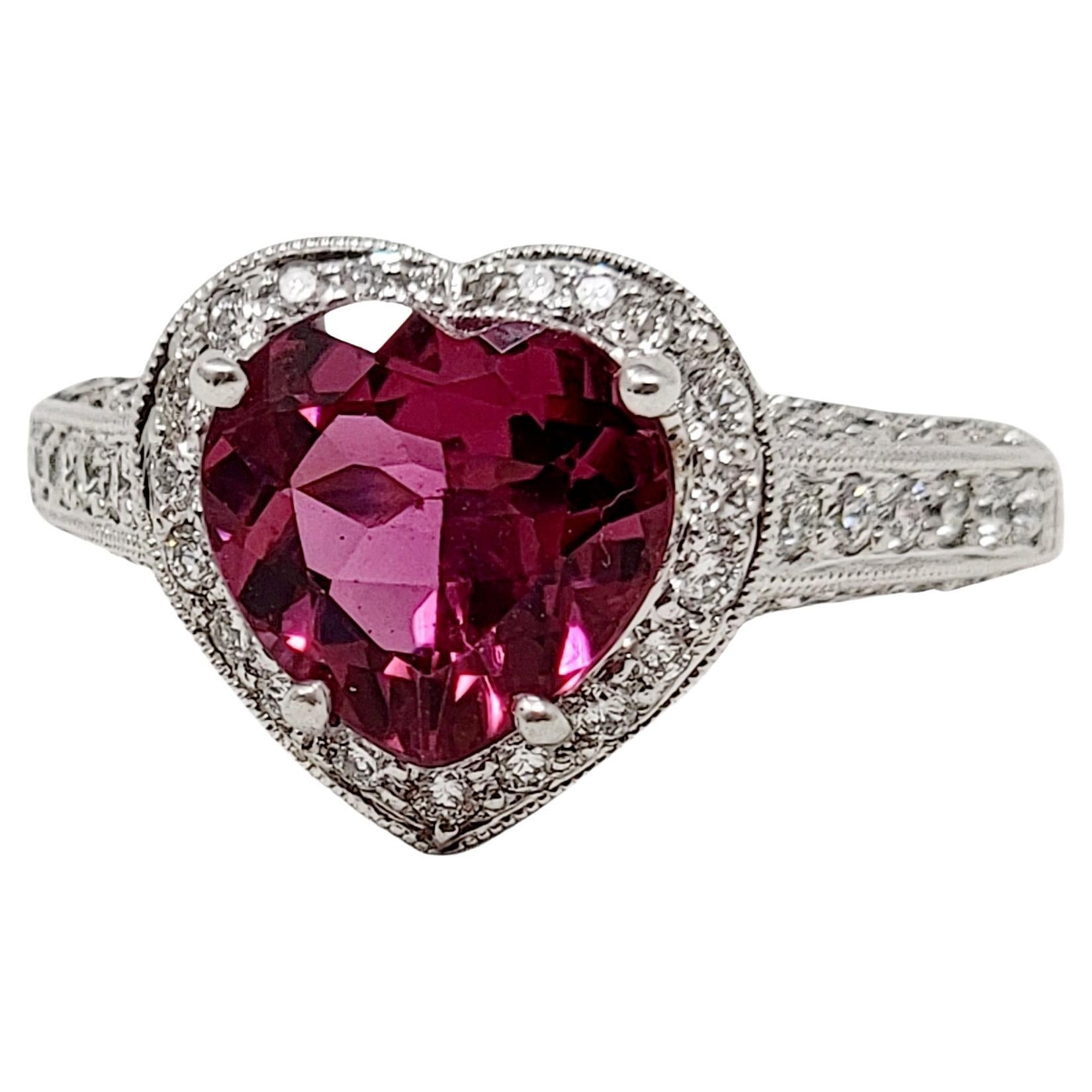 Heart Cut Pink Tourmaline and Diamond Halo Band Ring in 18 Karat White Gold For Sale