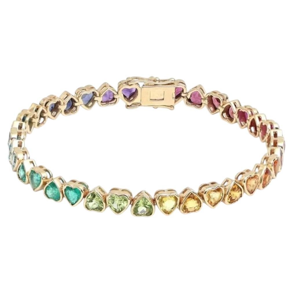 9.24ct Rainbow Gemstone Heart-Cut 14K Yellow Gold Tennis Bracelet