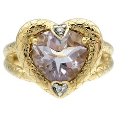 Heart Cut Rose De France Amethyst and Diamond Textured 14 Karat Yellow Gold Ring