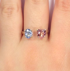 Heart Cut Rose Tourmaline Oval Cut Light Blue Sapphire 9 Karat White Gold Ring