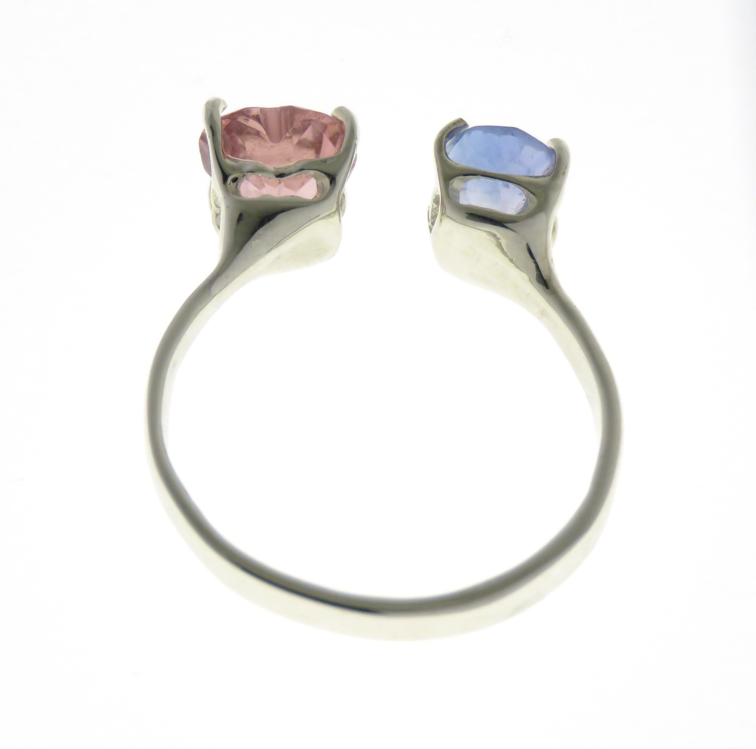 Heart Cut Rose Tourmaline Oval Cut Light Blue Sapphire 9 Karat White Gold Ring 1