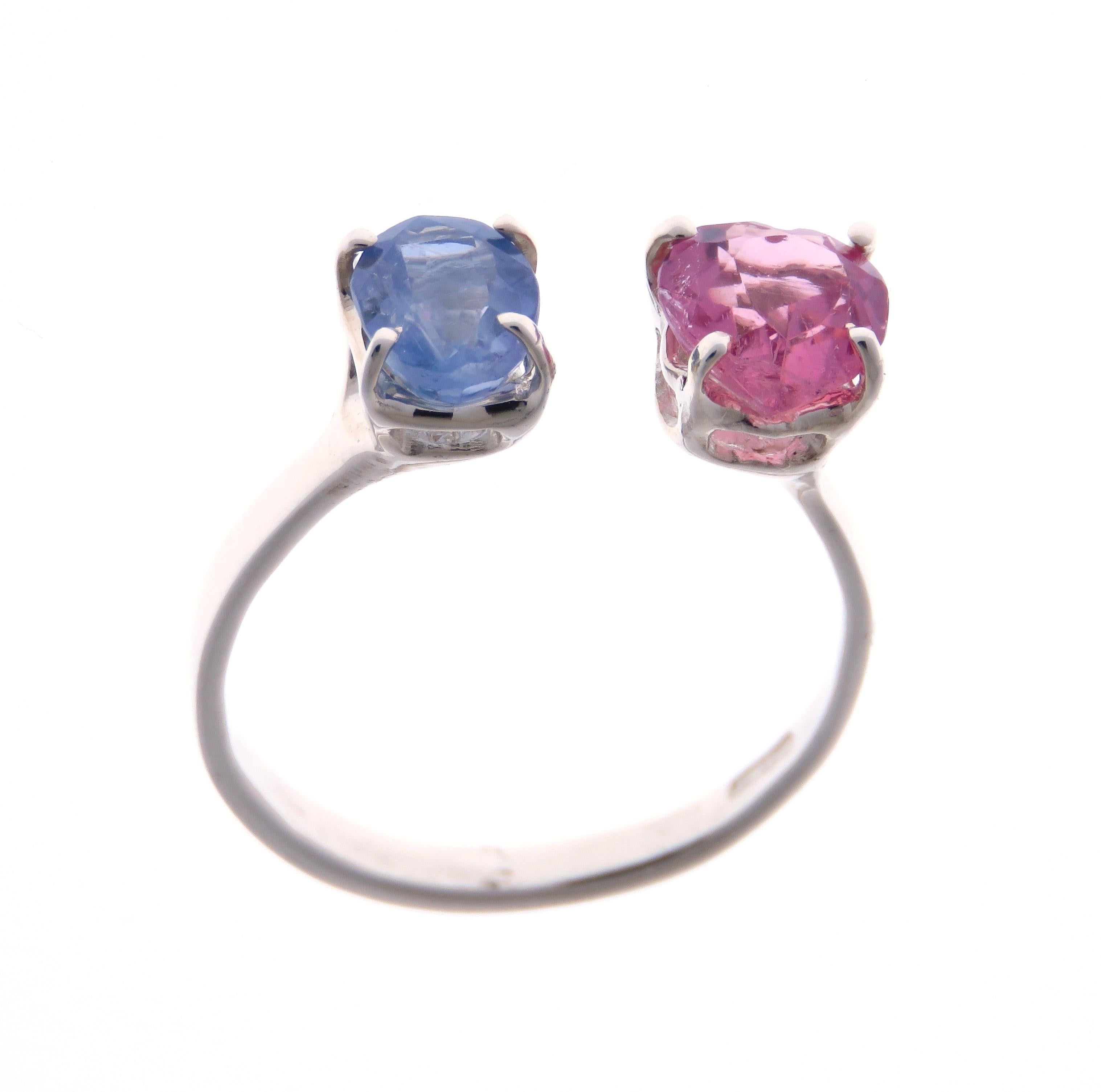 Heart Cut Rose Tourmaline Oval Cut Light Blue Sapphire 9 Karat White Gold Ring For Sale 2