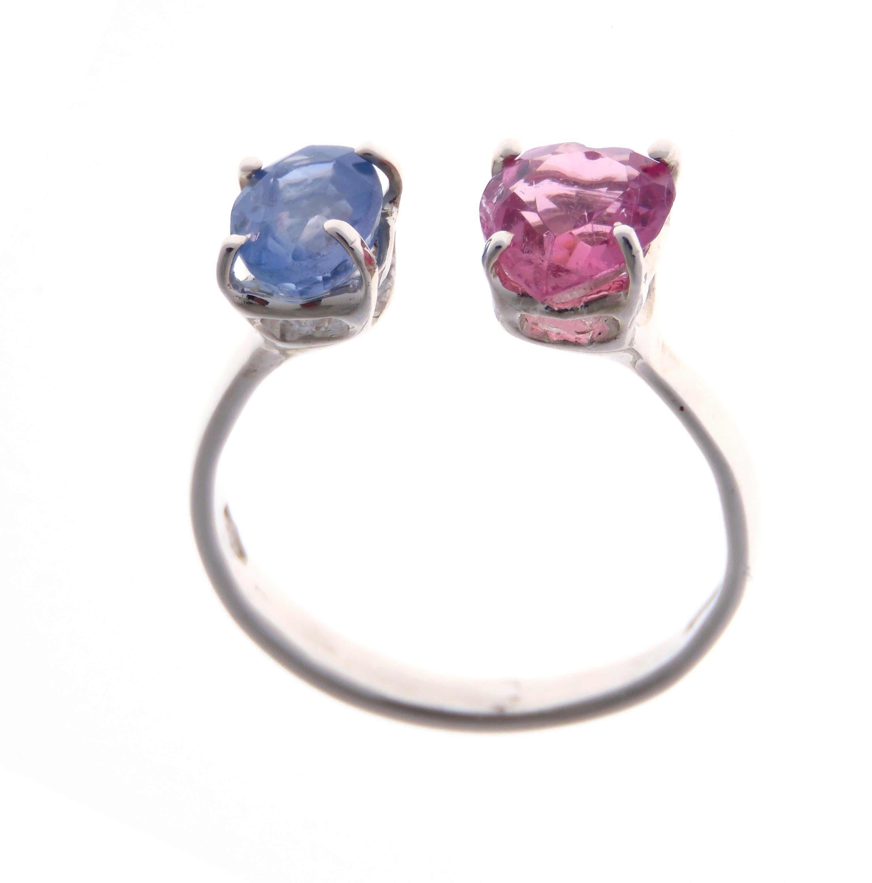 Heart Cut Rose Tourmaline Oval Cut Light Blue Sapphire 9 Karat White Gold Ring For Sale 4