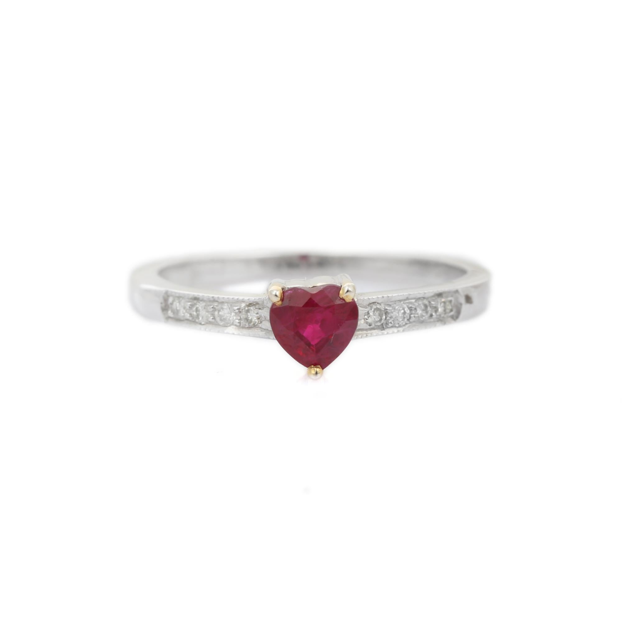 For Sale:  Dainty Heart Cut Ruby Ring 18k Solid White Gold with Diamonds 2