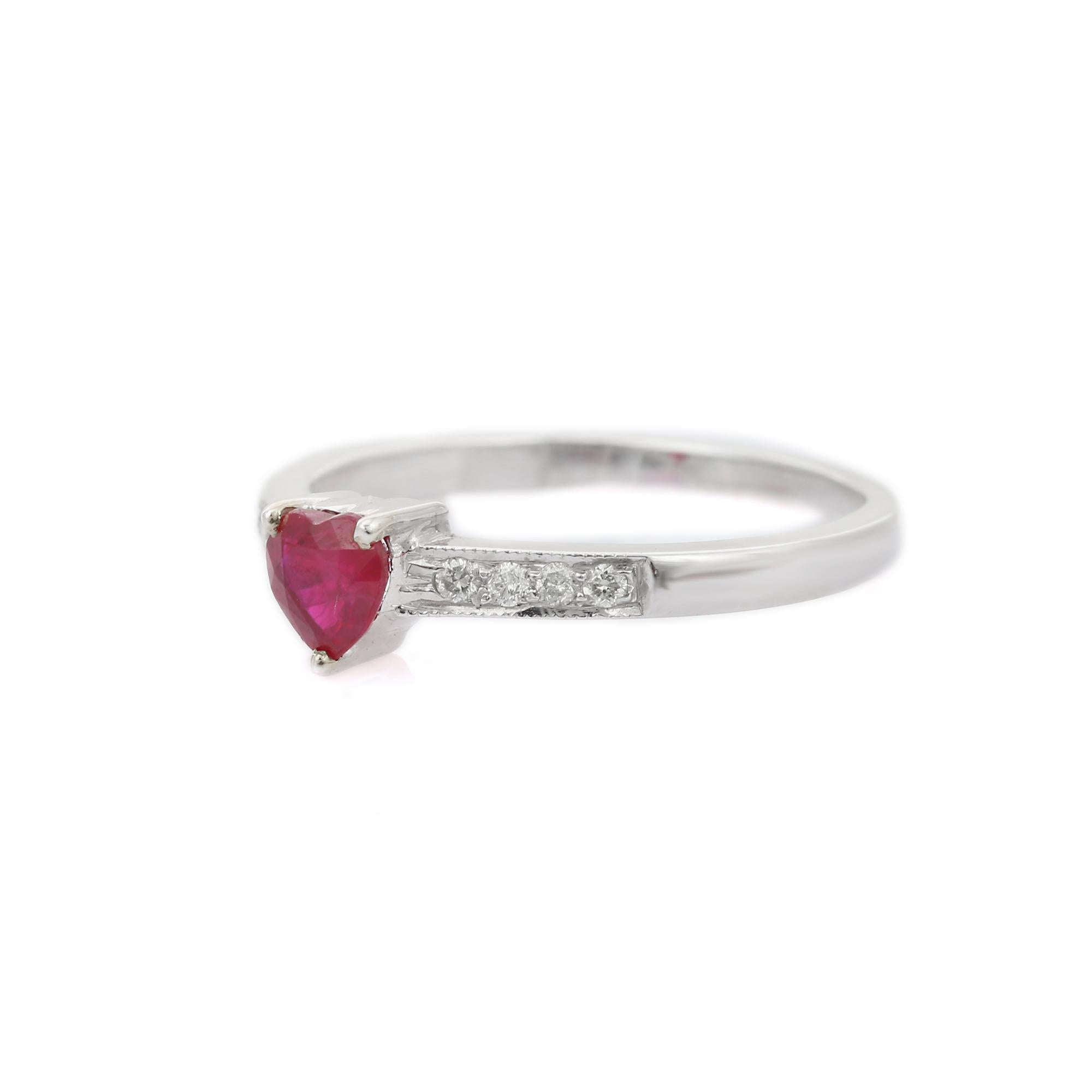 For Sale:  Dainty Heart Cut Ruby Ring 18k Solid White Gold with Diamonds 3