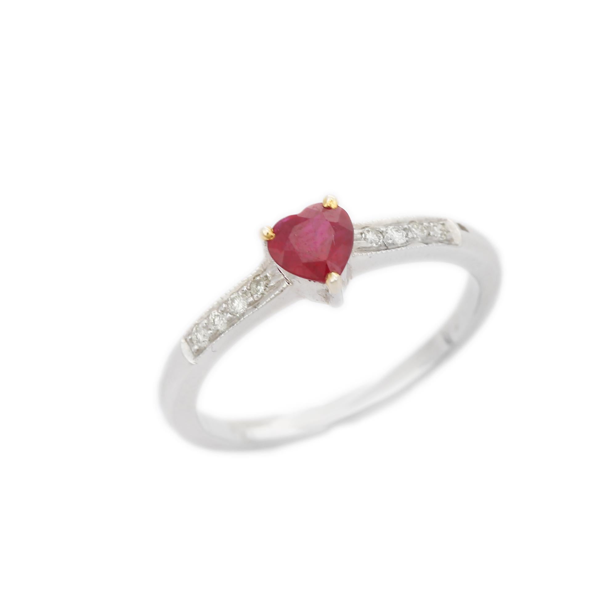 For Sale:  Dainty Heart Cut Ruby Ring 18k Solid White Gold with Diamonds 5