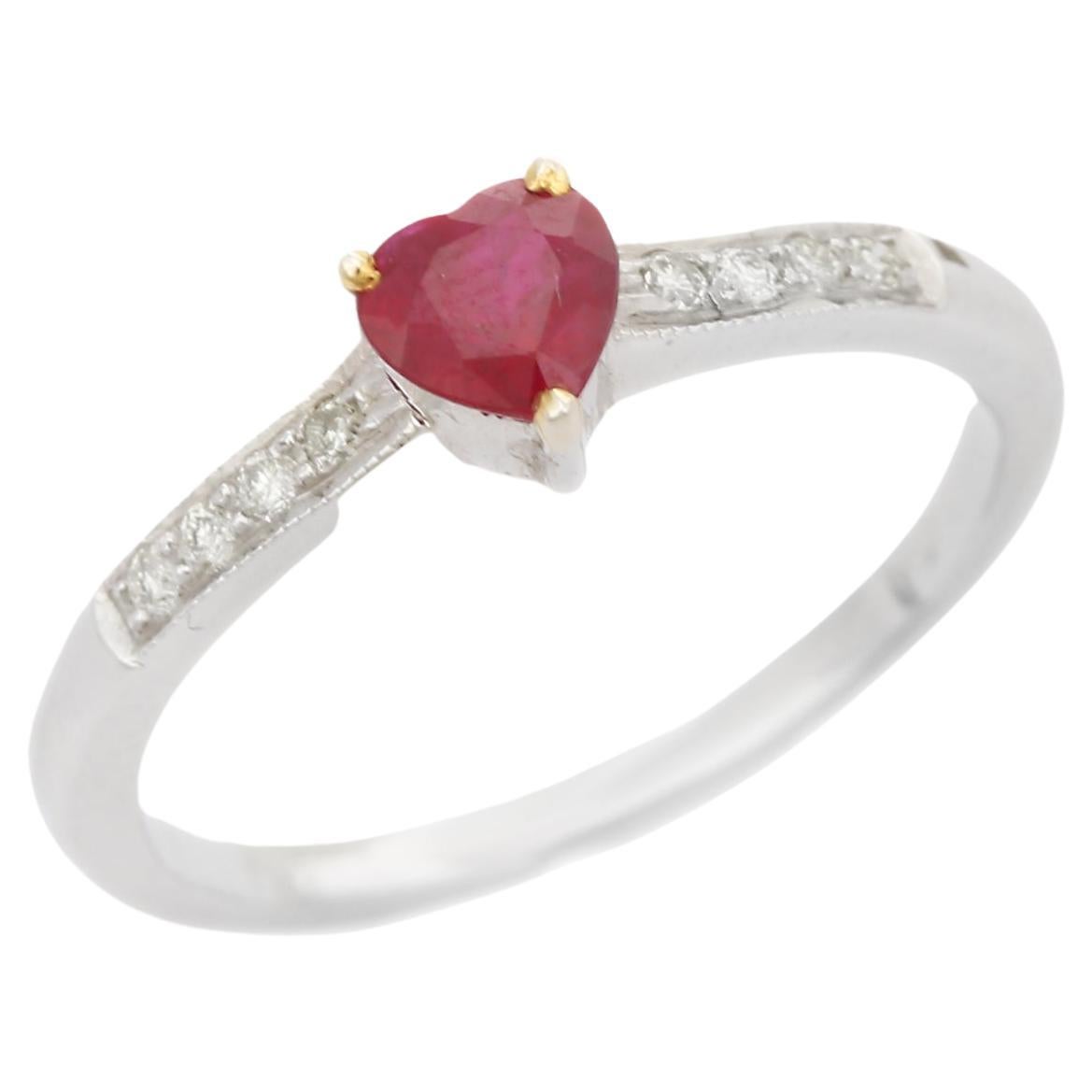 For Sale:  Dainty Heart Cut Ruby Ring 18k Solid White Gold with Diamonds