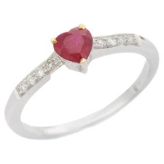 Dainty Heart Cut Ruby Ring 18k Solid White Gold with Diamonds