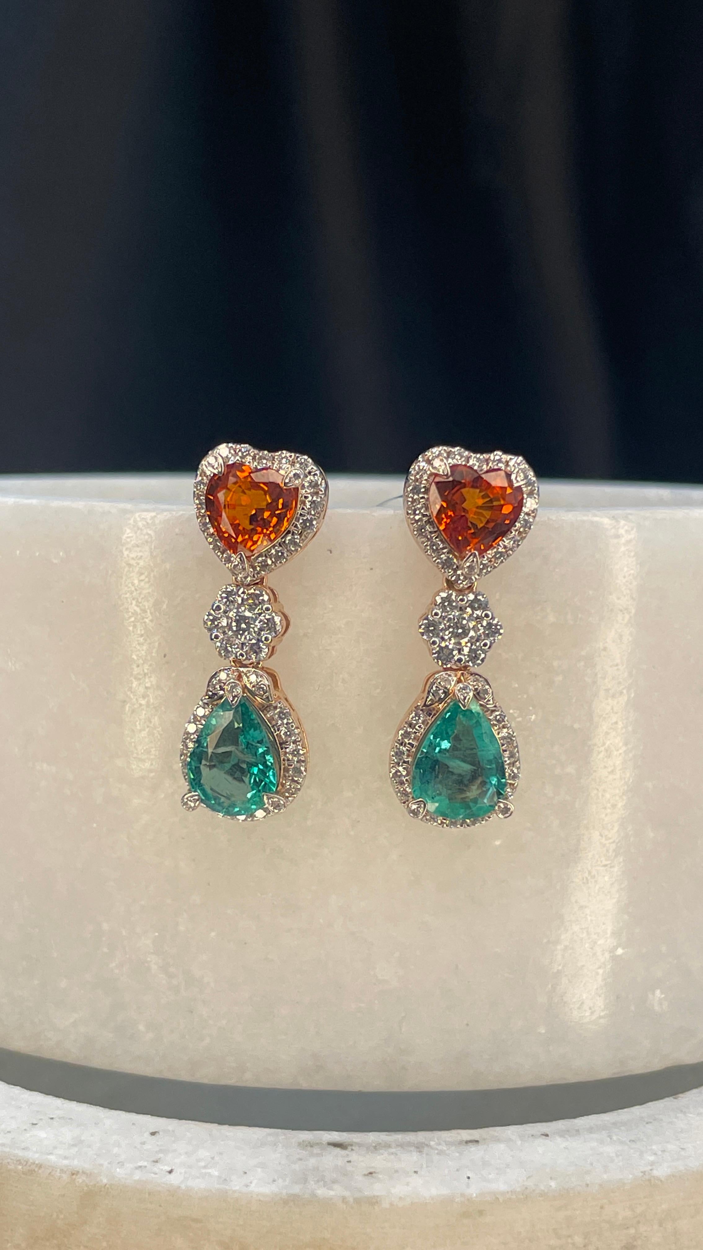 Art Deco Heart Cut Sapphire and Emerald Diamond Dangle Earrings in 14K Rose Gold For Sale