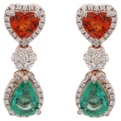 Heart Cut Sapphire and Emerald Diamond Dangle Earrings in 14K Rose Gold