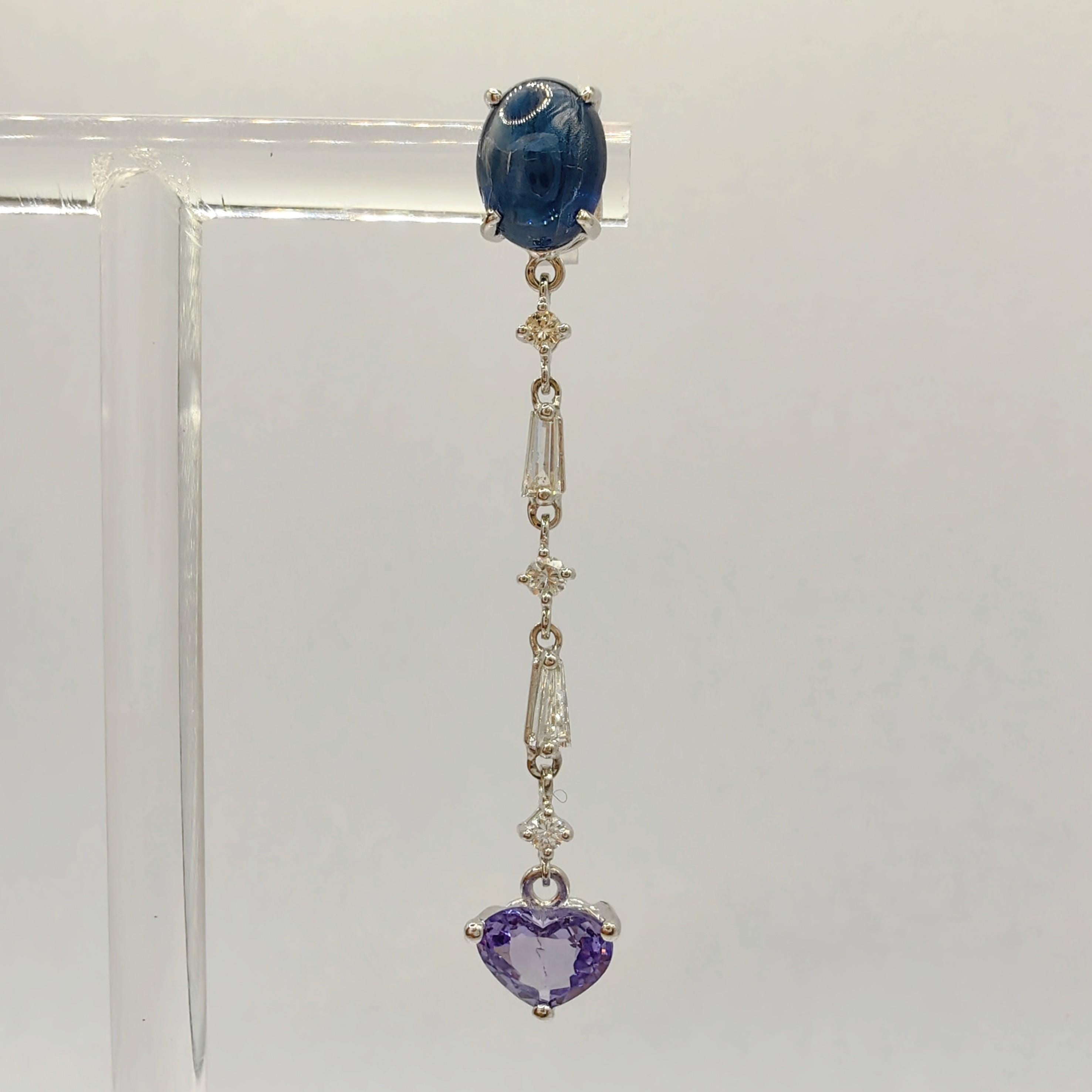 Contemporary Heart Cut Violet & Cabochon Blue Sapphire Diamond 18K Gold Dangling Earring For Sale