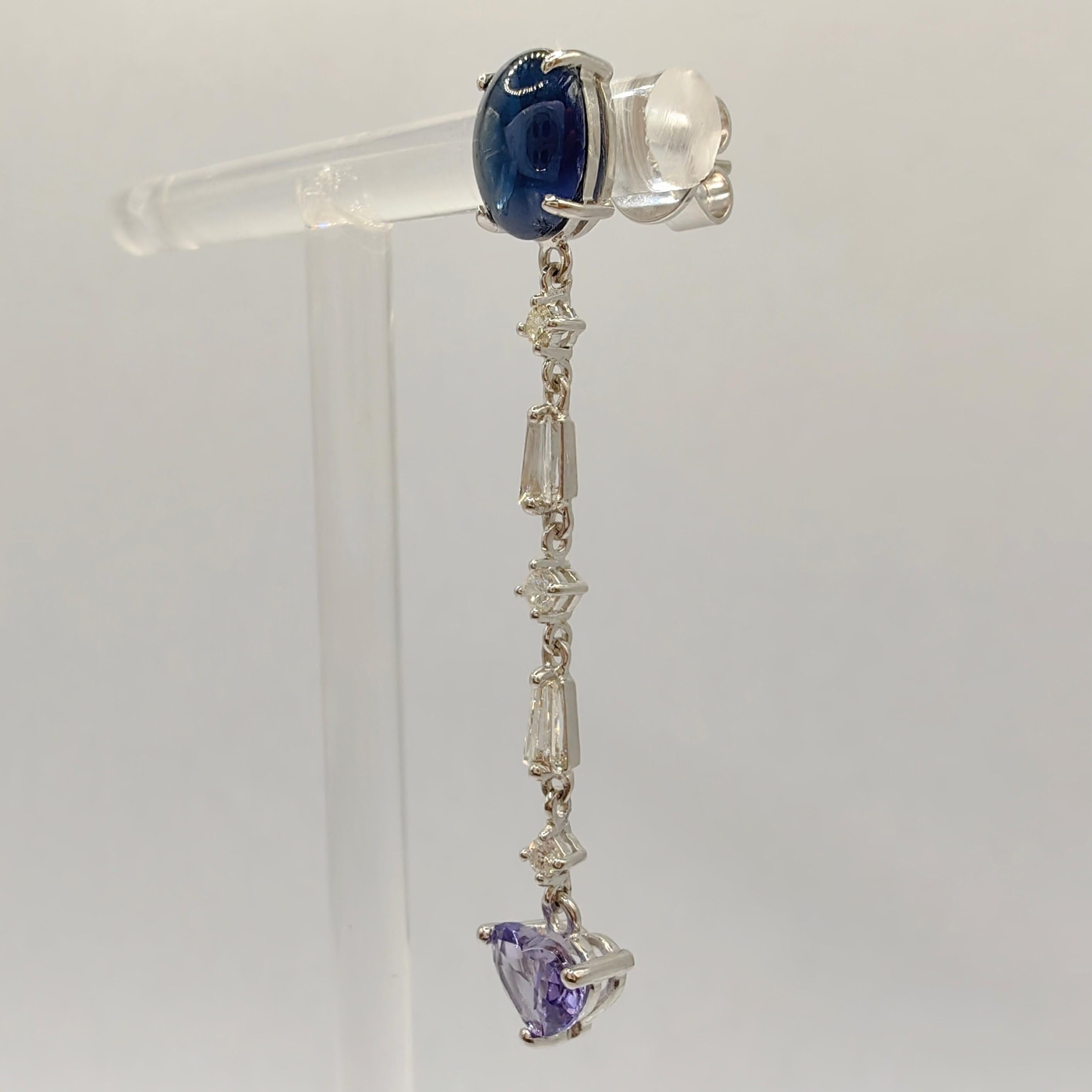Heart Cut Violet & Cabochon Blue Sapphire Diamond 18K Gold Dangling Earring In New Condition For Sale In Wan Chai District, HK