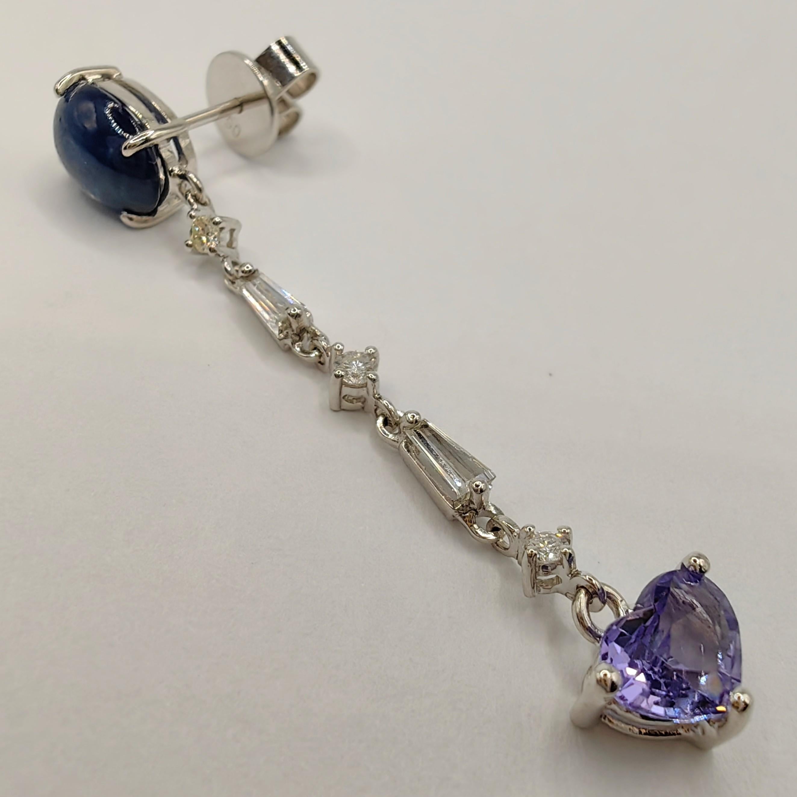 Women's or Men's Heart Cut Violet & Cabochon Blue Sapphire Diamond 18K Gold Dangling Earring For Sale
