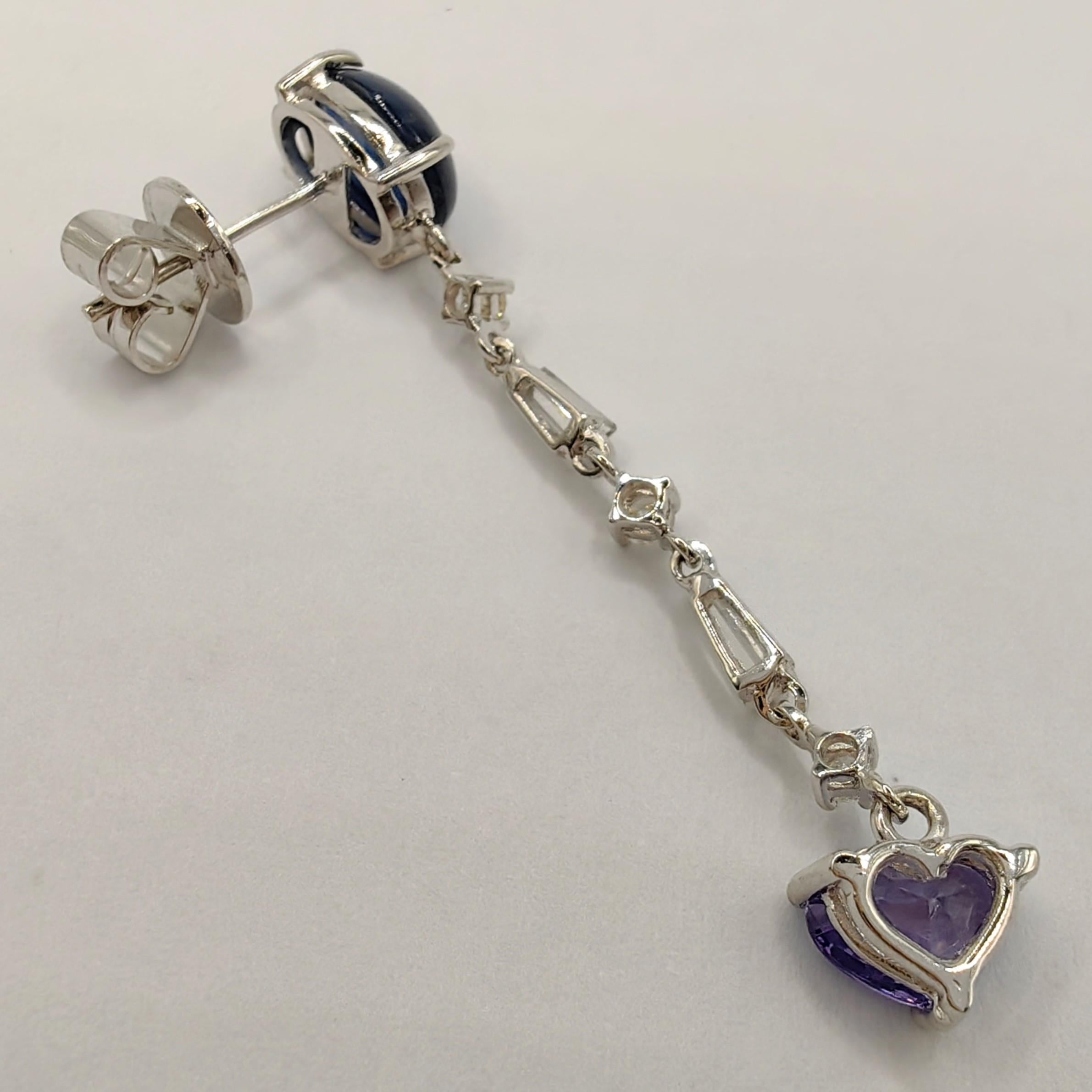 Heart Cut Violet & Cabochon Blue Sapphire Diamond 18K Gold Dangling Earring For Sale 1