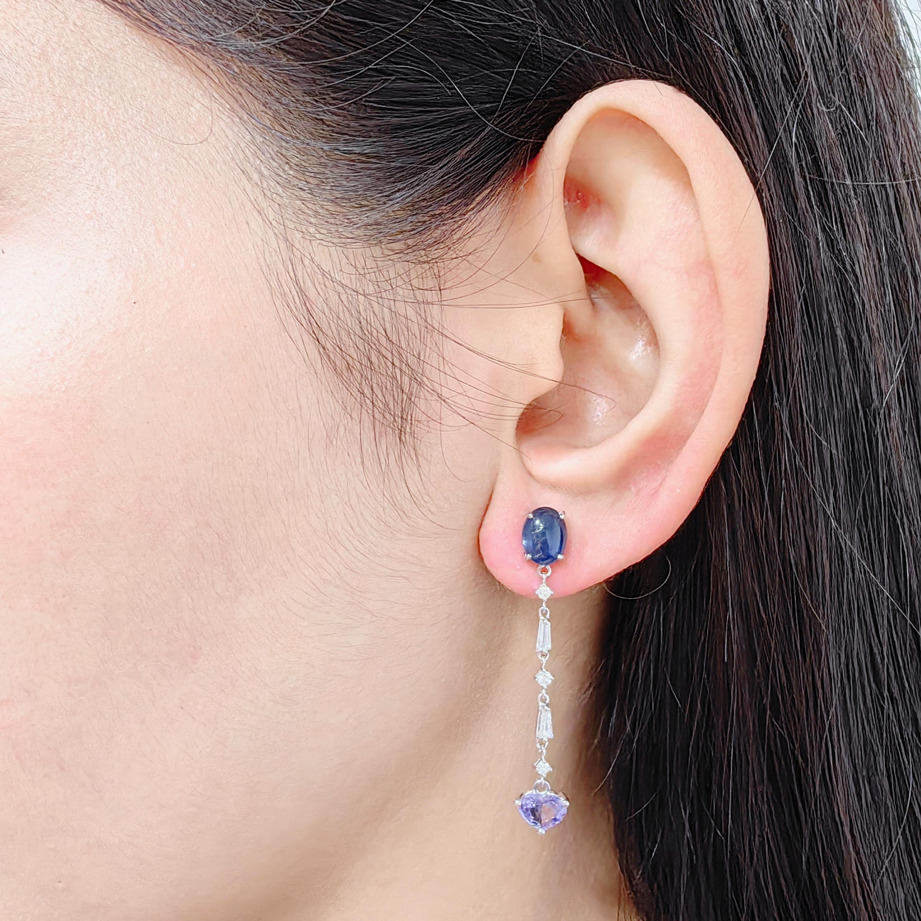 Heart Cut Violet & Cabochon Blue Sapphire Diamond 18K Gold Dangling Earring For Sale 2
