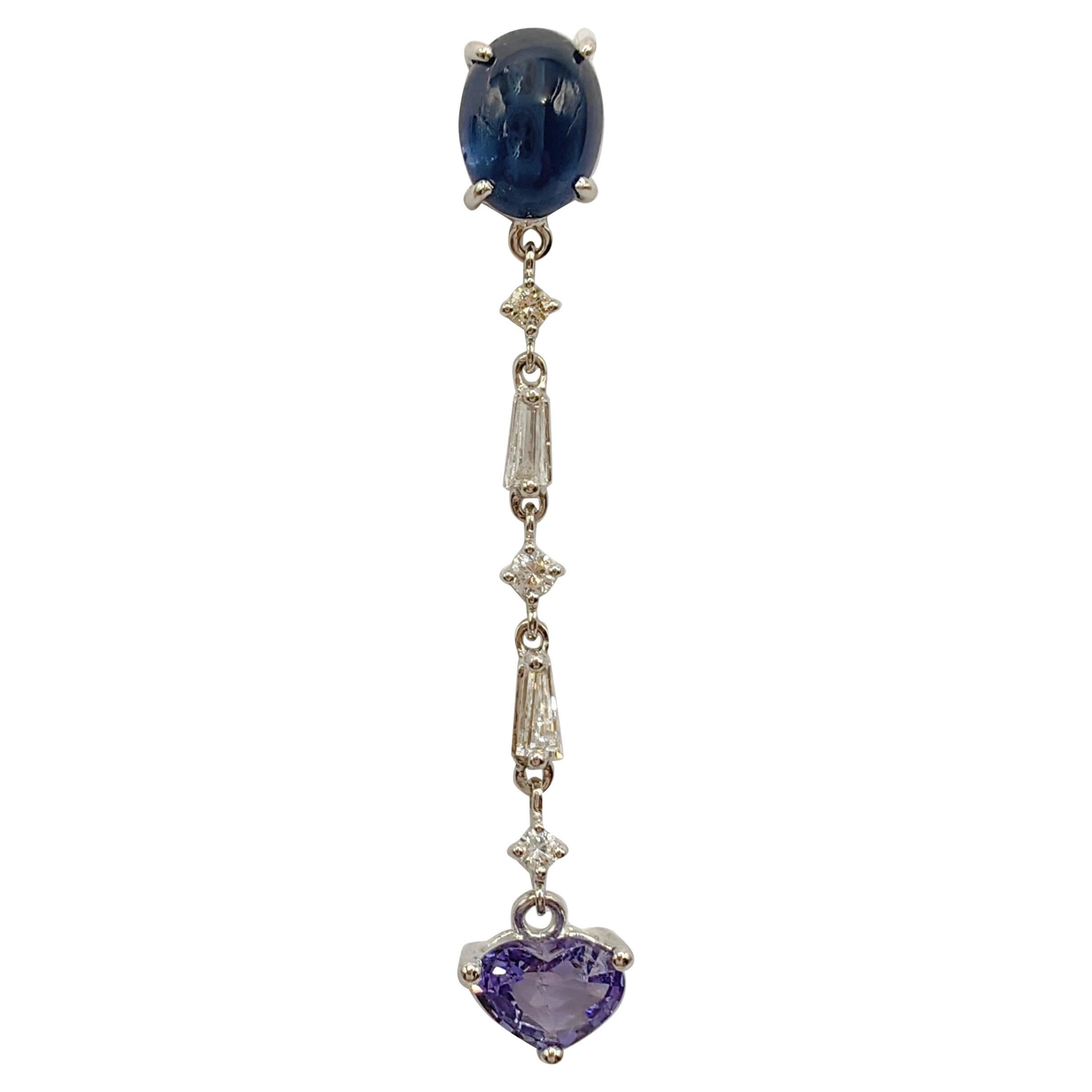 Heart Cut Violet & Cabochon Blue Sapphire Diamond 18K Gold Dangling Earring For Sale