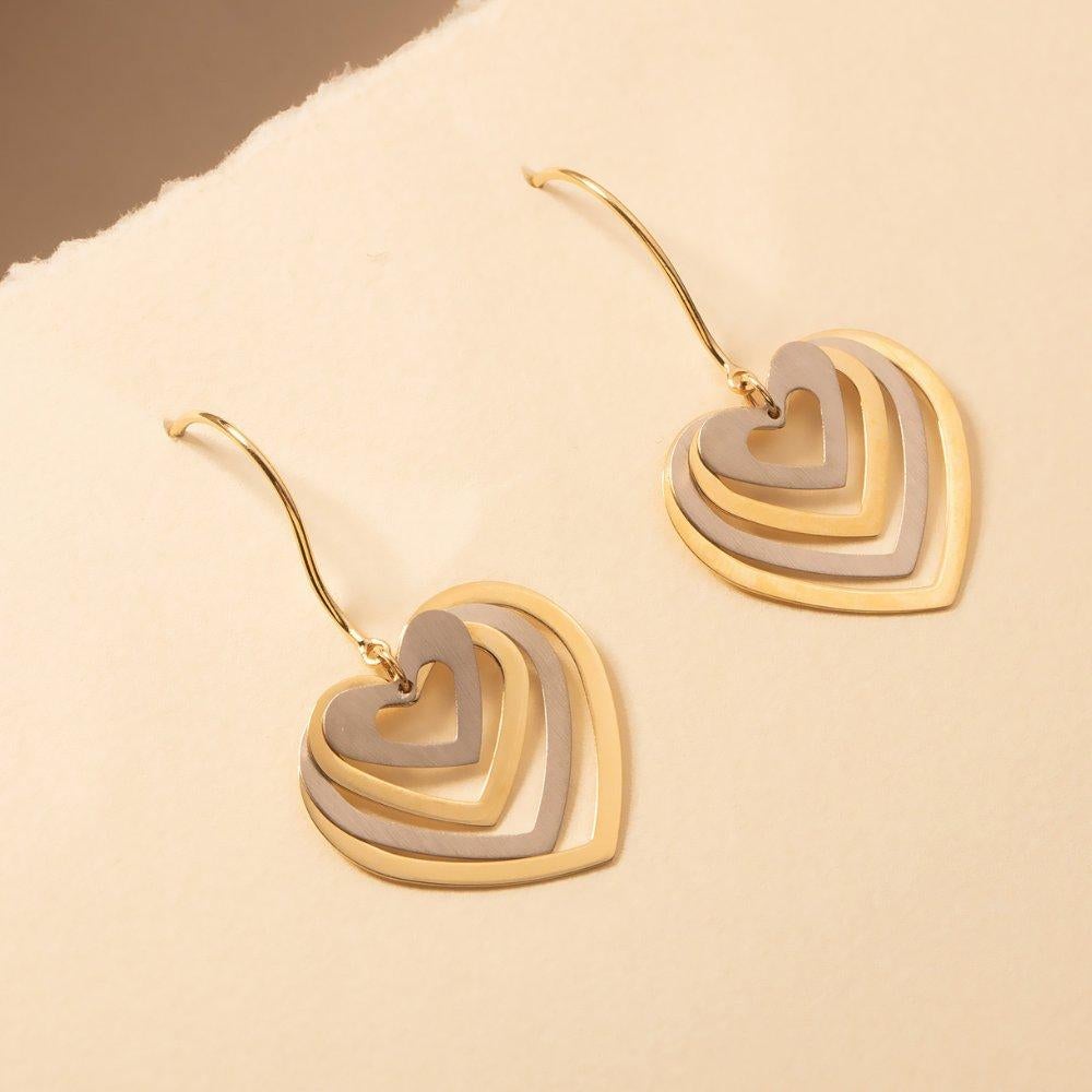 Women's Heart Dangle Earrings in 14K Solid Yellow Gold For Sale