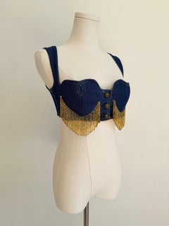 Vintage Moschino Heart Denim Bustier Top with Gold Fringe, Women's