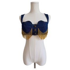Vintage Moschino Heart Denim Bustier Top with Gold Fringe, Women's