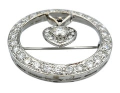 Heart Detail Open Circle Diamond Brooch / Pin in Polished 14 Karat White Gold
