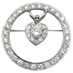 Heart Detail Open Circle Diamond Brooch / Pin in Polished 14 Karat White Gold