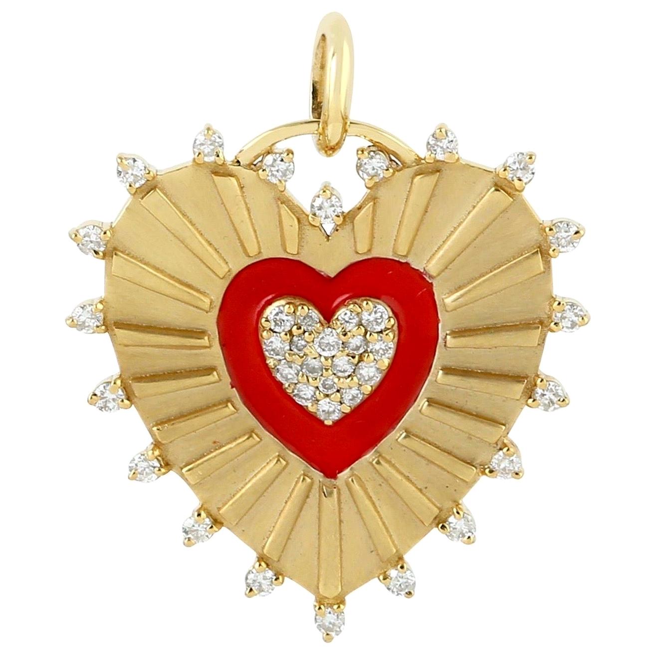 Heart Diamond 14 Karat Gold Enamel Charm Pendant Necklace For Sale