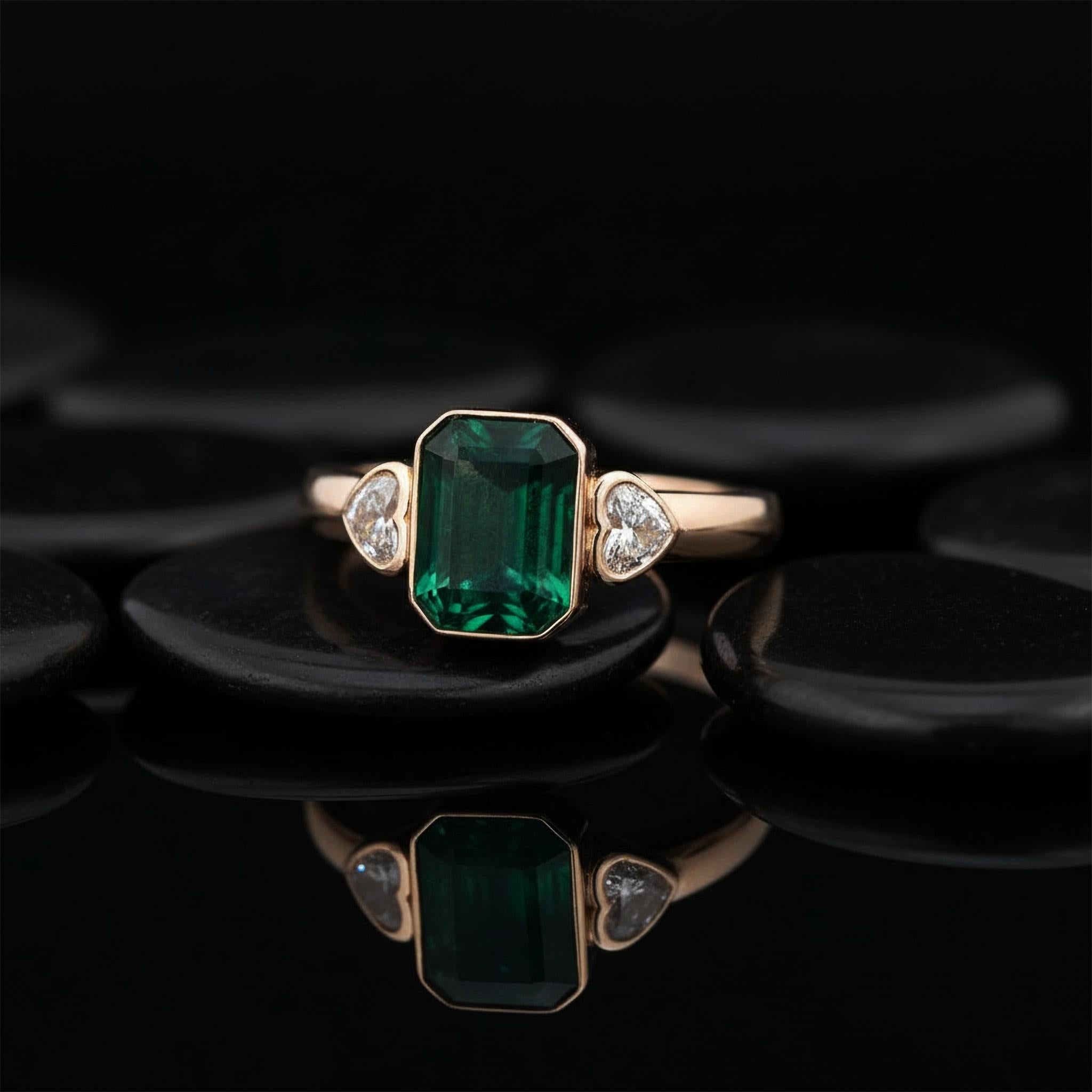 For Sale:  Heart Diamond 14K (or 18k upon request) Yellow Gold Emerald Solitaire Ring 3