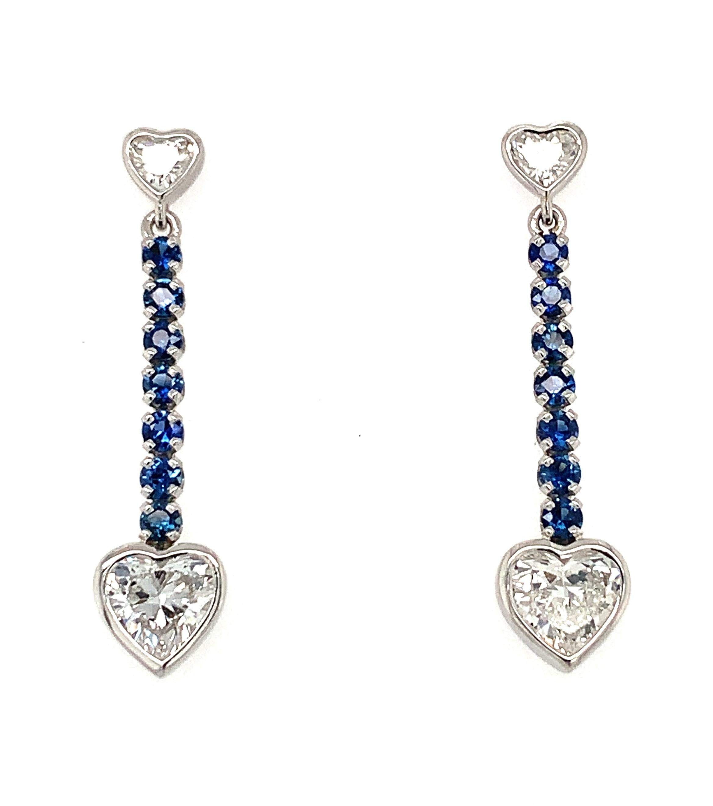 Brilliant Cut Heart Diamond and Sapphire Dangling Platinum Earrings For Sale
