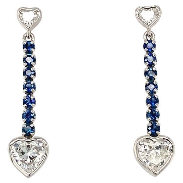 Heart Diamond and Sapphire Dangling Platinum Earrings For Sale