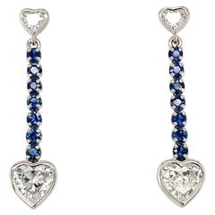 Heart Diamond and Sapphire Dangling Platinum Earrings