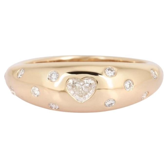 Heart Diamond Detailing 14K Yellow Gold Domed Ring