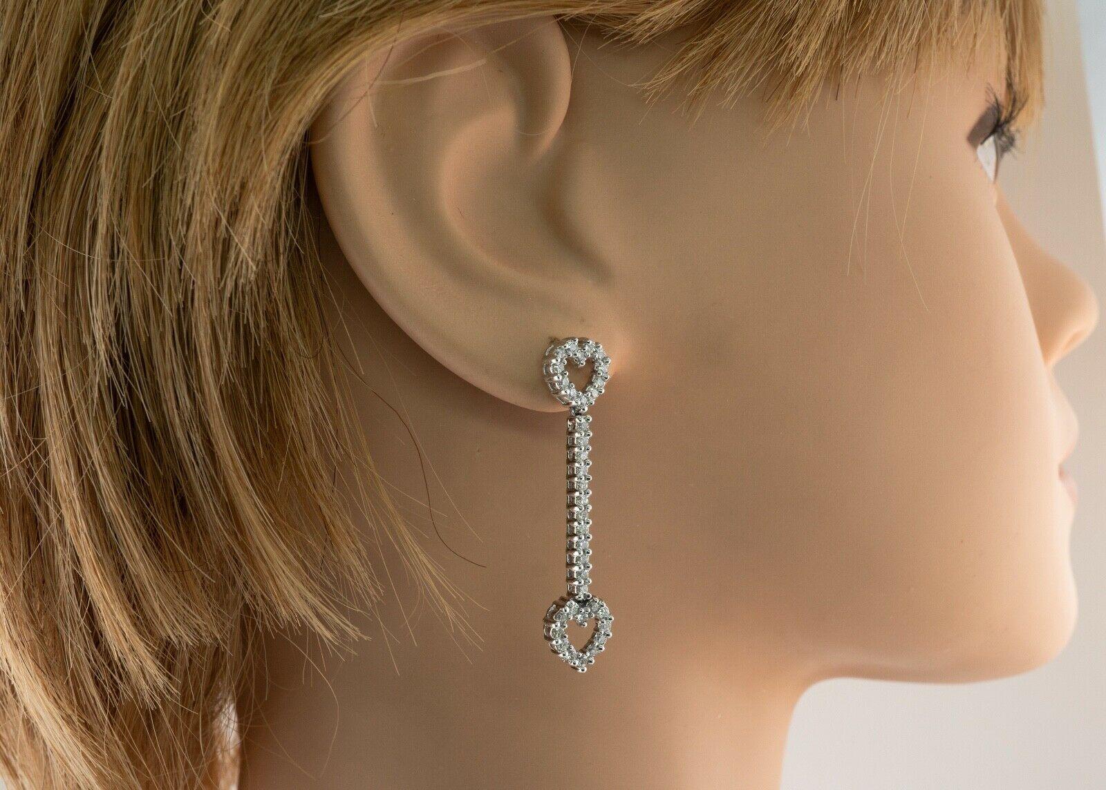 Women's Heart Diamond Earrings 14K White Gold Dangle 1.44 TDW For Sale