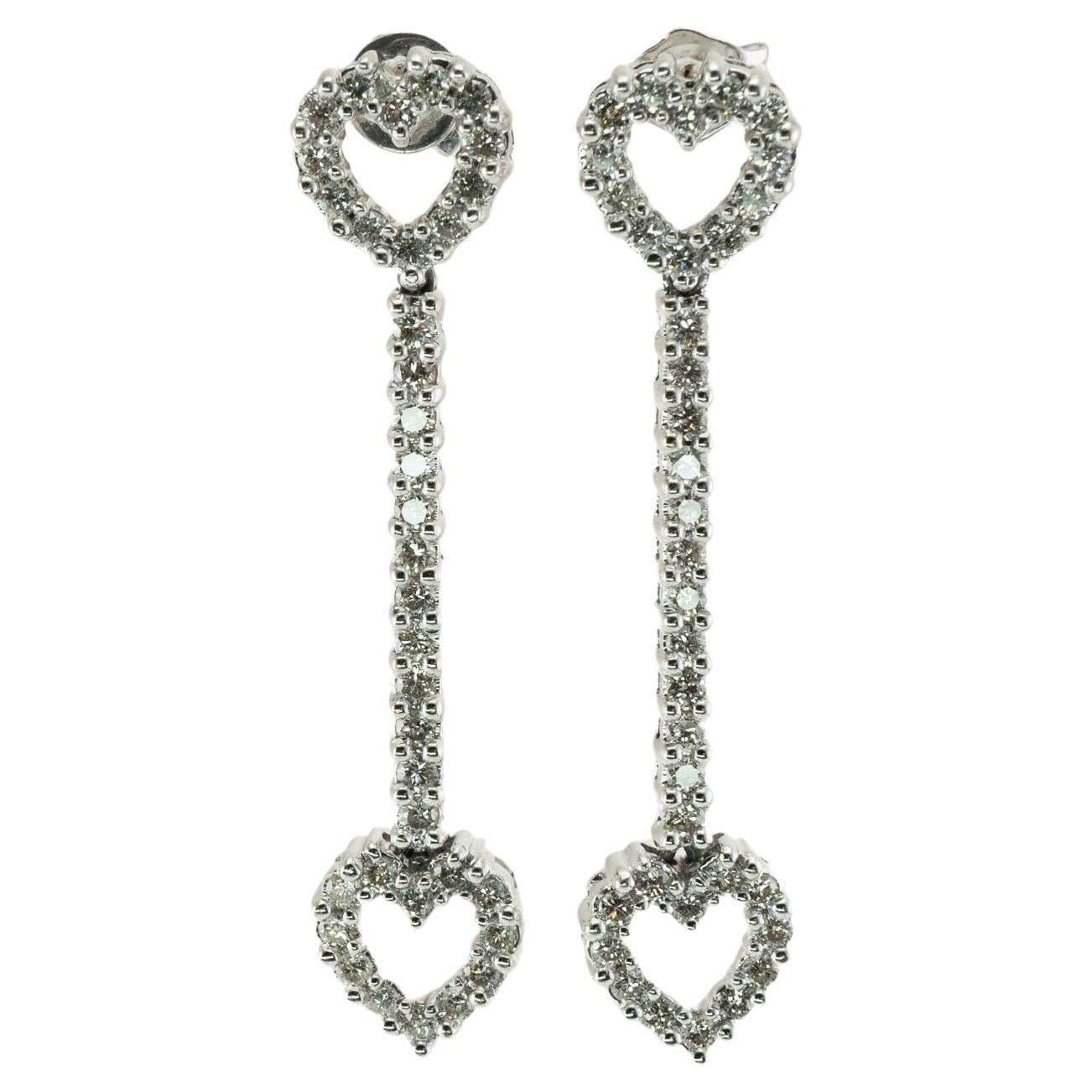 Heart Diamond Earrings 14K White Gold Dangle 1.44 TDW For Sale