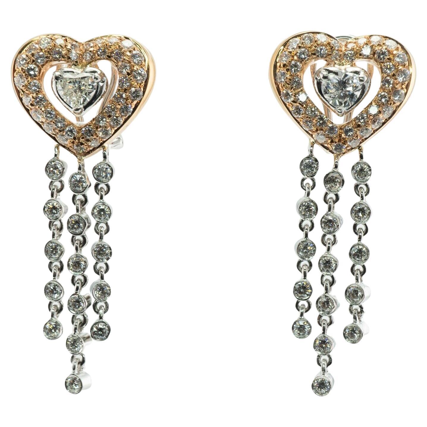 Heart Diamond Earrings 18K 14K Gold Dangle 3.26 TDW Drop