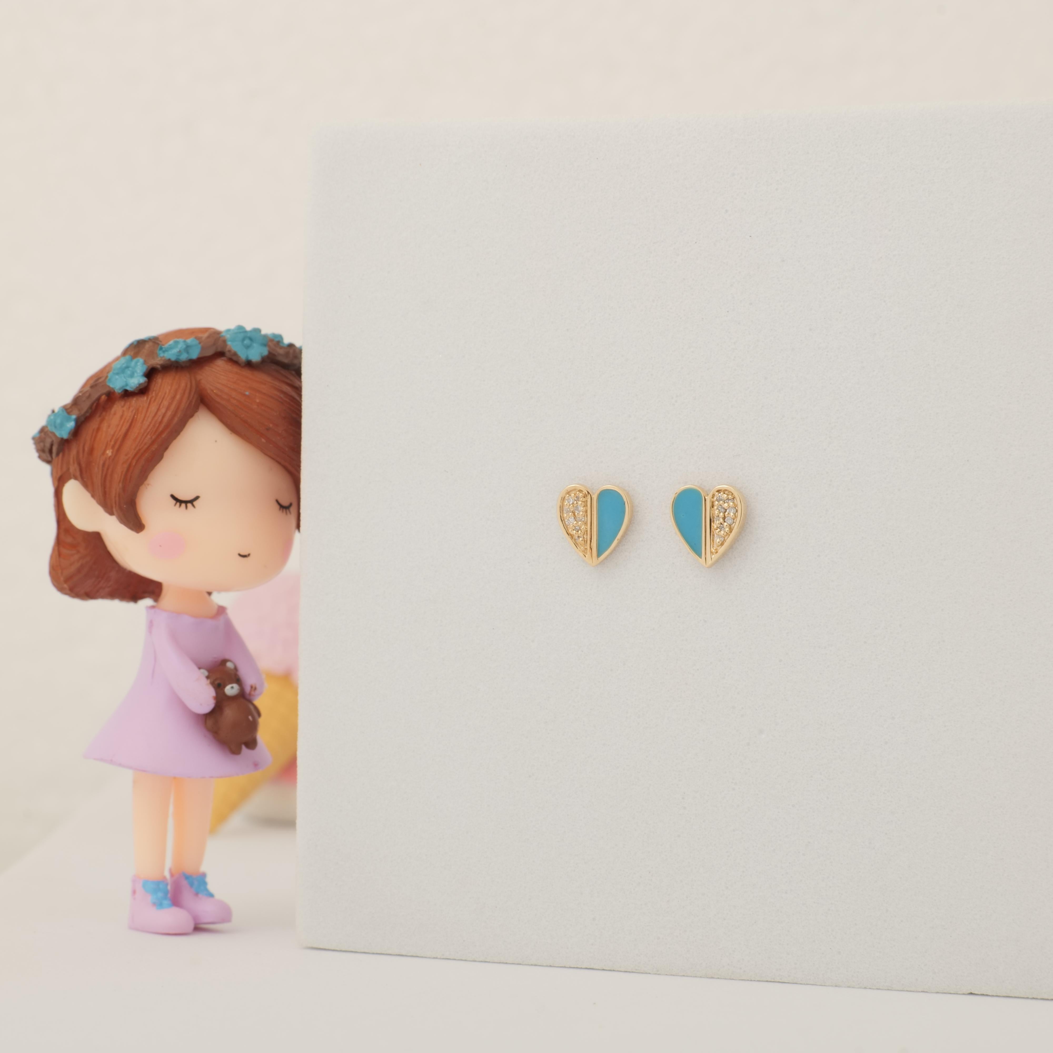 Art déco Boucles d'oreilles enfants en or massif 14K avec diamant en forme de cœur (certifié) en vente