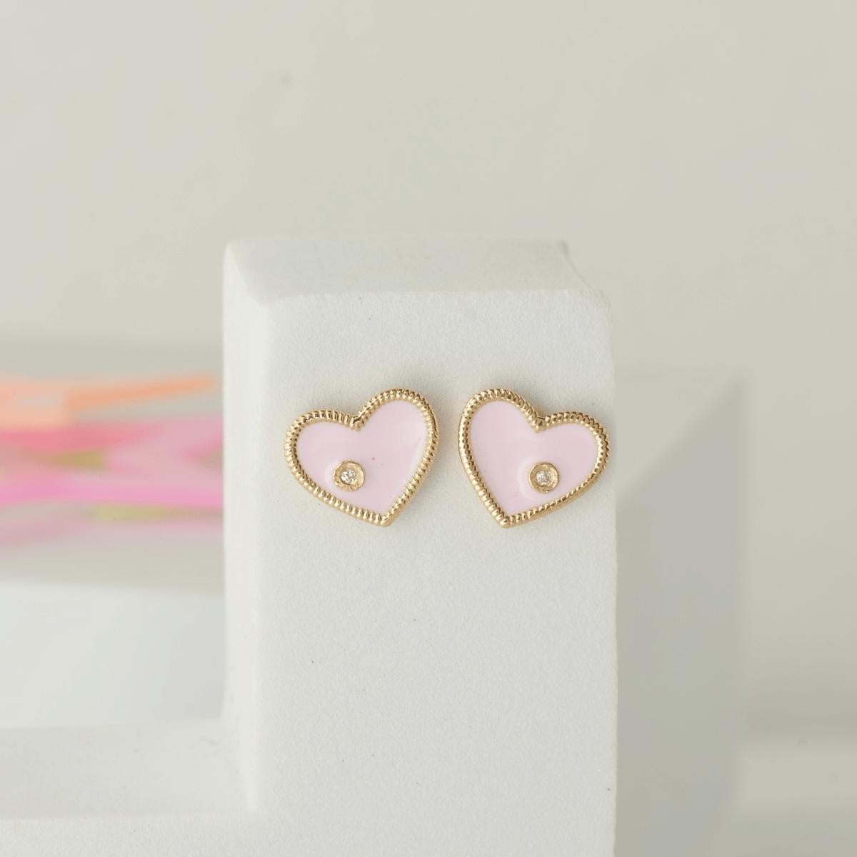 Art Deco Heart Diamond Kids Stud Earrings in Pink Enamel in 14k Solid Gold (Certified) For Sale