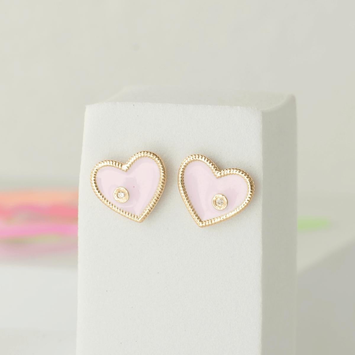 Round Cut Heart Diamond Kids Stud Earrings in Pink Enamel in 14k Solid Gold (Certified) For Sale