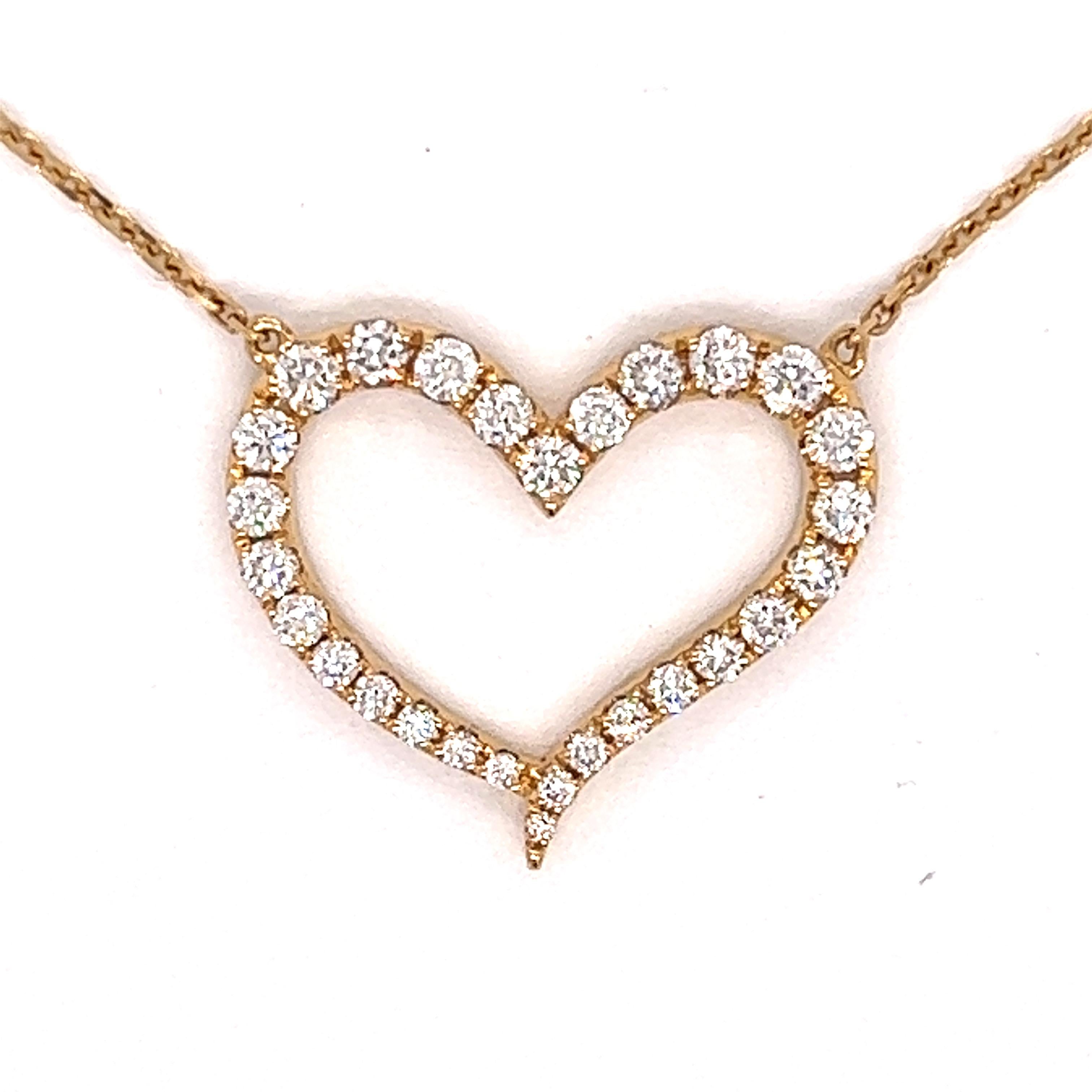 Schöne und klassische Herz-Diamant-Halskette.  Es gibt 28 Diamanten mit  .74 cttw.  Diese Diamanten sind von SI Reinheit und H-I Farbe.  Dies ist 4 Gramm 18kt Gelbgold.  Das Herz ist unbeweglich und gleitet nicht.  Diese Halskette ist 18