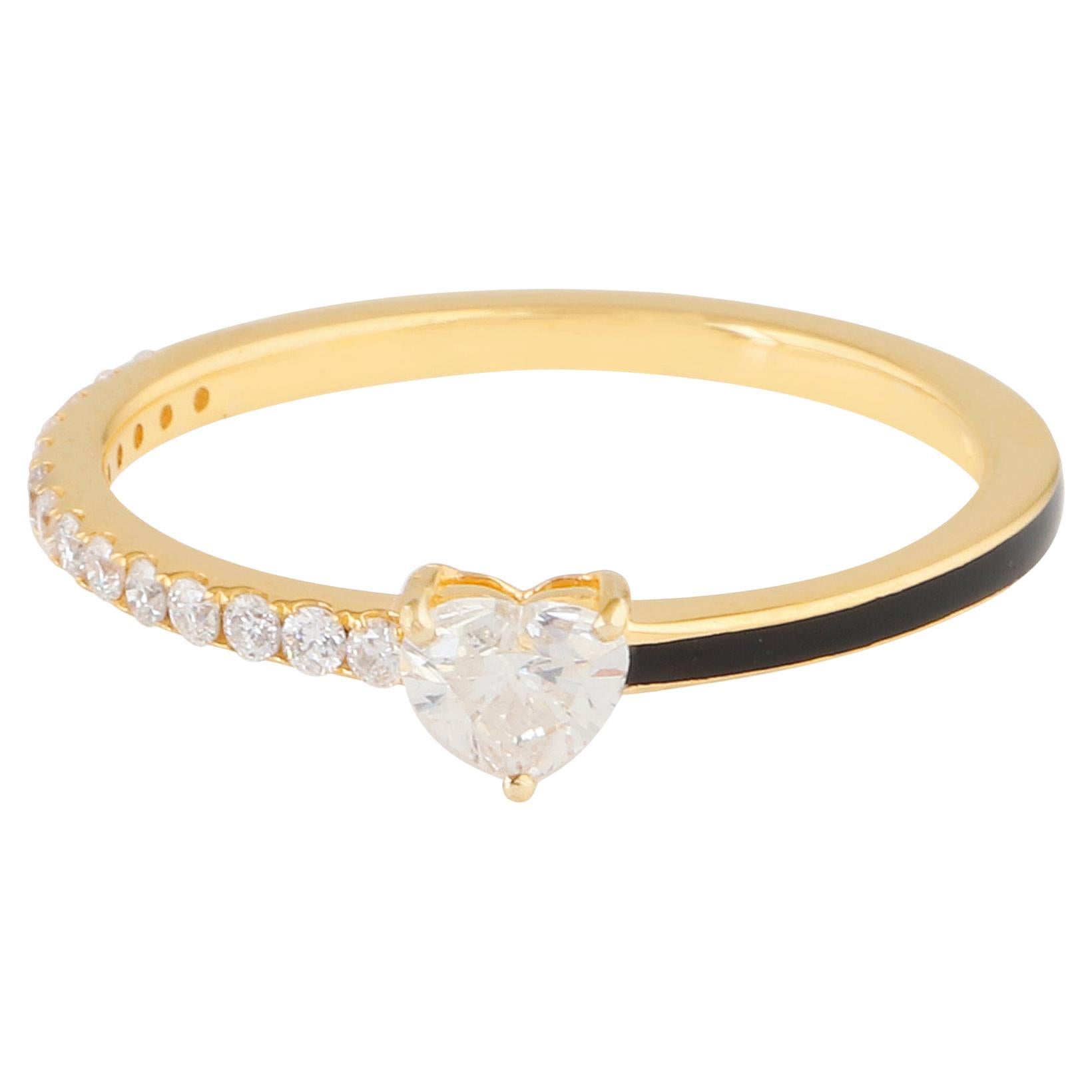 Anello a fascia con cuore, diamante, pave, mezza eternità, smalto nero, oro giallo 14 carati in vendita