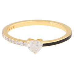 Heart Diamond Pave Half Eternity Black Enamel Band Ring 14 Karat Yellow Gold