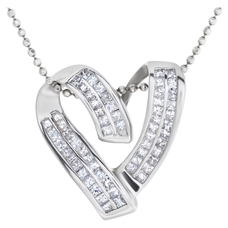 Heart Diamond Pendant on 18k White Gold, Beaded Necklace W 1.25 Cts in