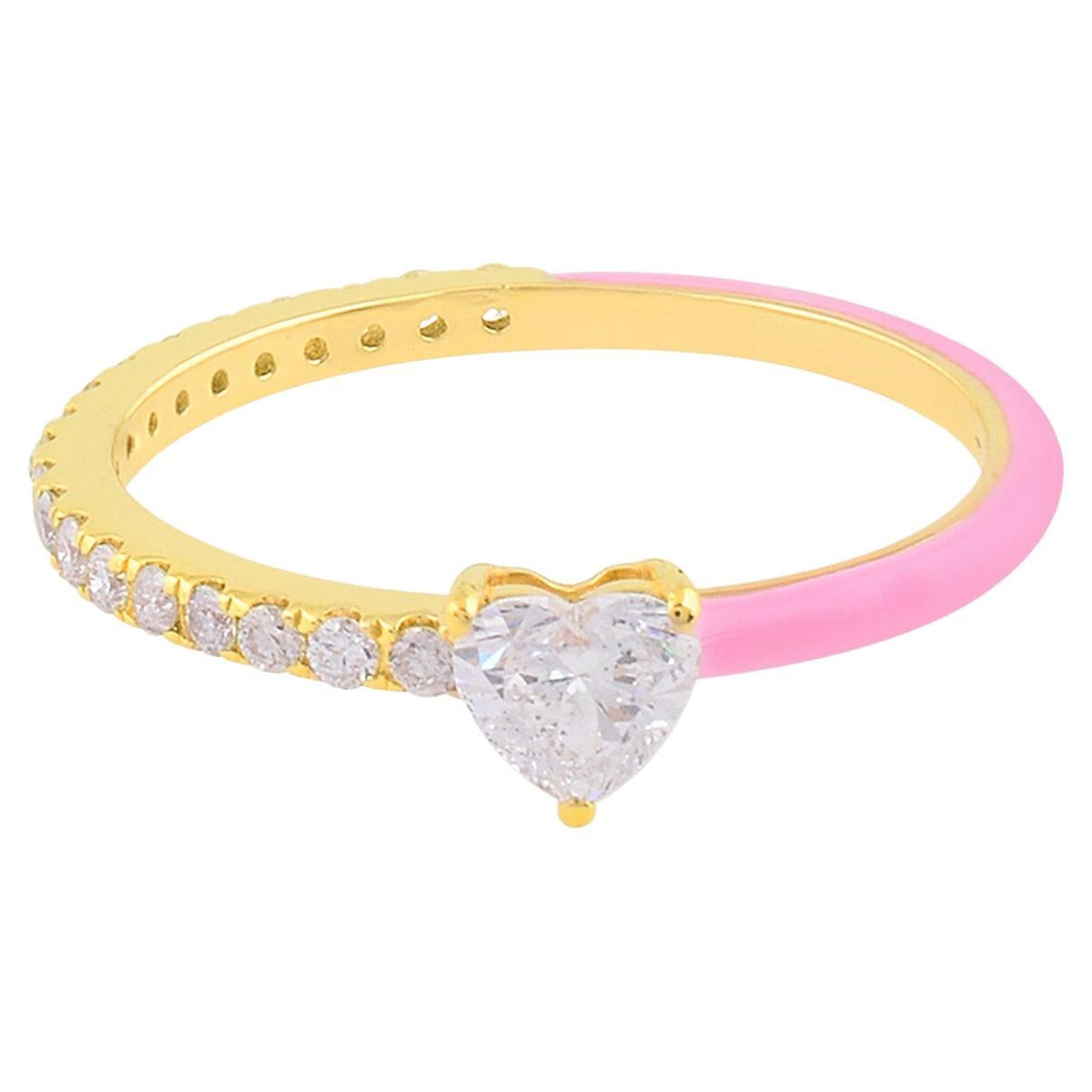 Heart Diamond Pink Enamel 14 Karat Gold Ring