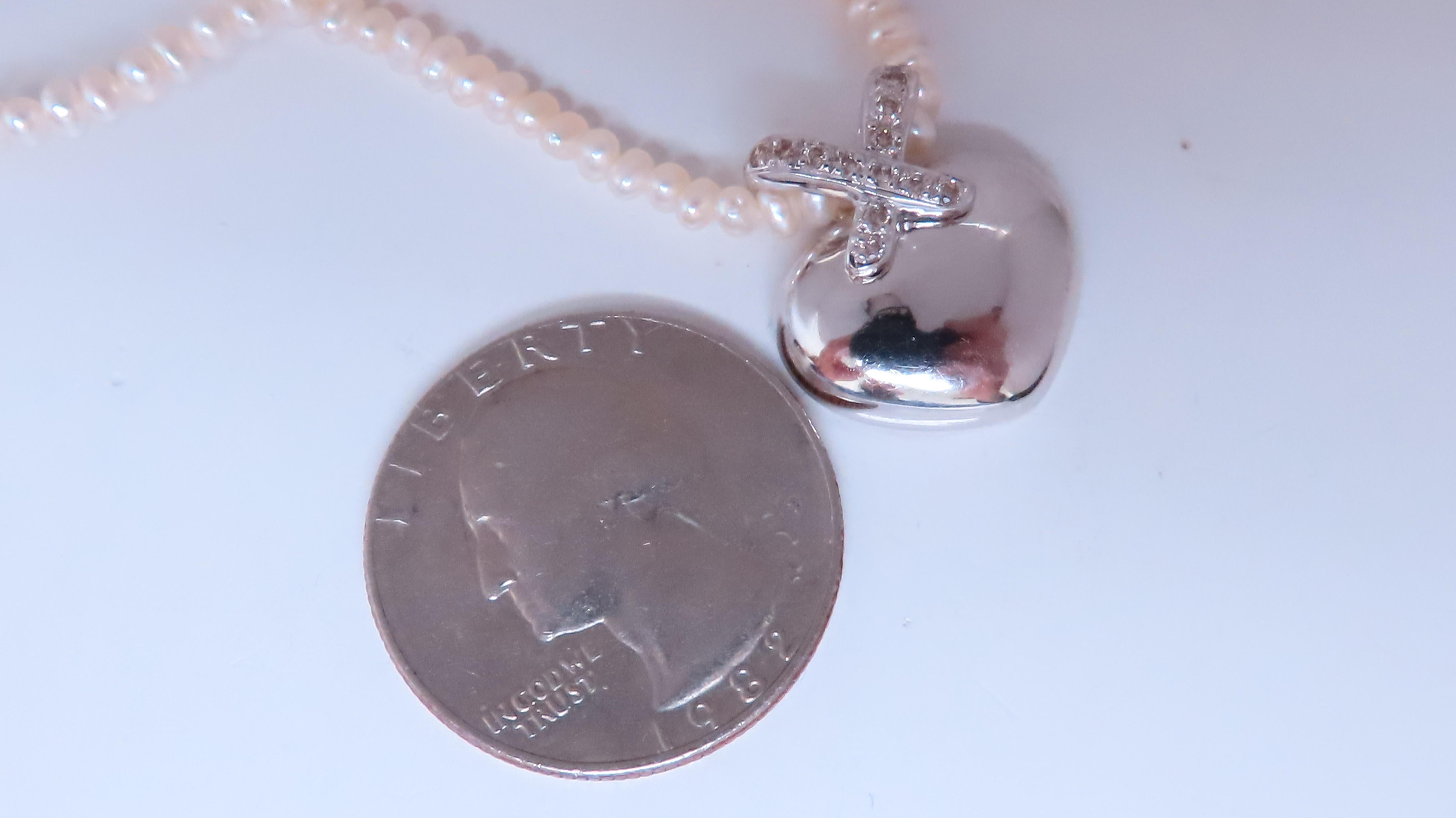 Round Cut Heart Diamond Slide Pendant on Freshwater Pearls 14kt. .10ct 12408 For Sale