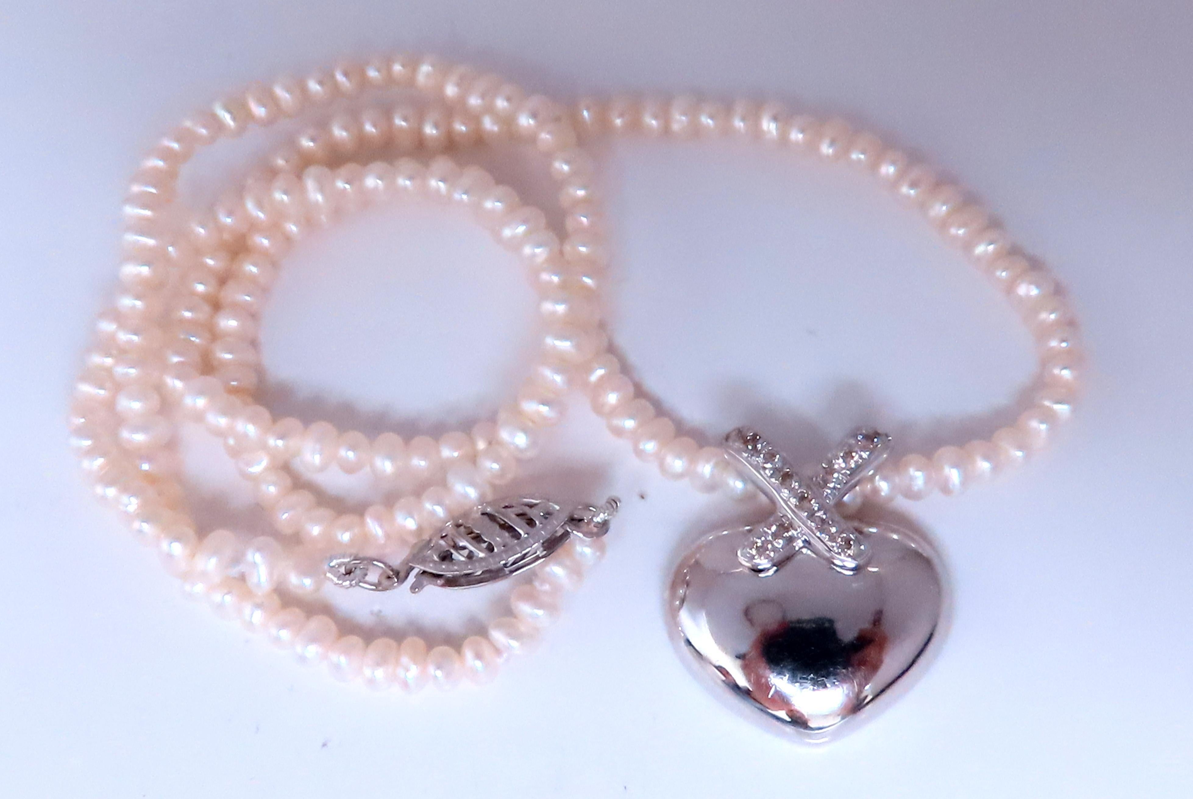 Heart Diamond Slide Pendant on Freshwater Pearls 14kt. .10ct 12408 In New Condition For Sale In New York, NY